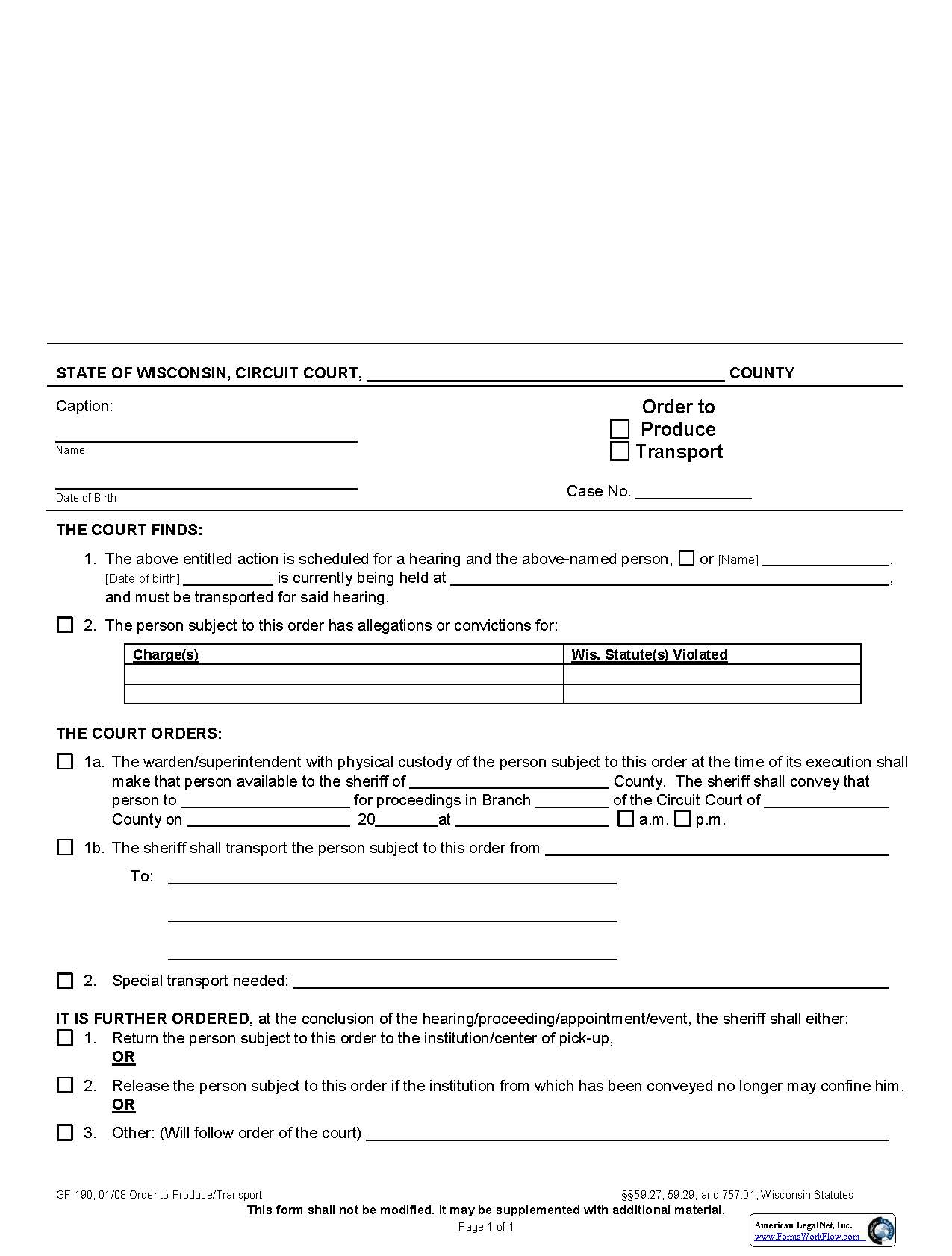 Order To Produce Or Transport Defendant-Juvenile-Party {GF-190} | Pdf Fpdf Docx | Wisconsin