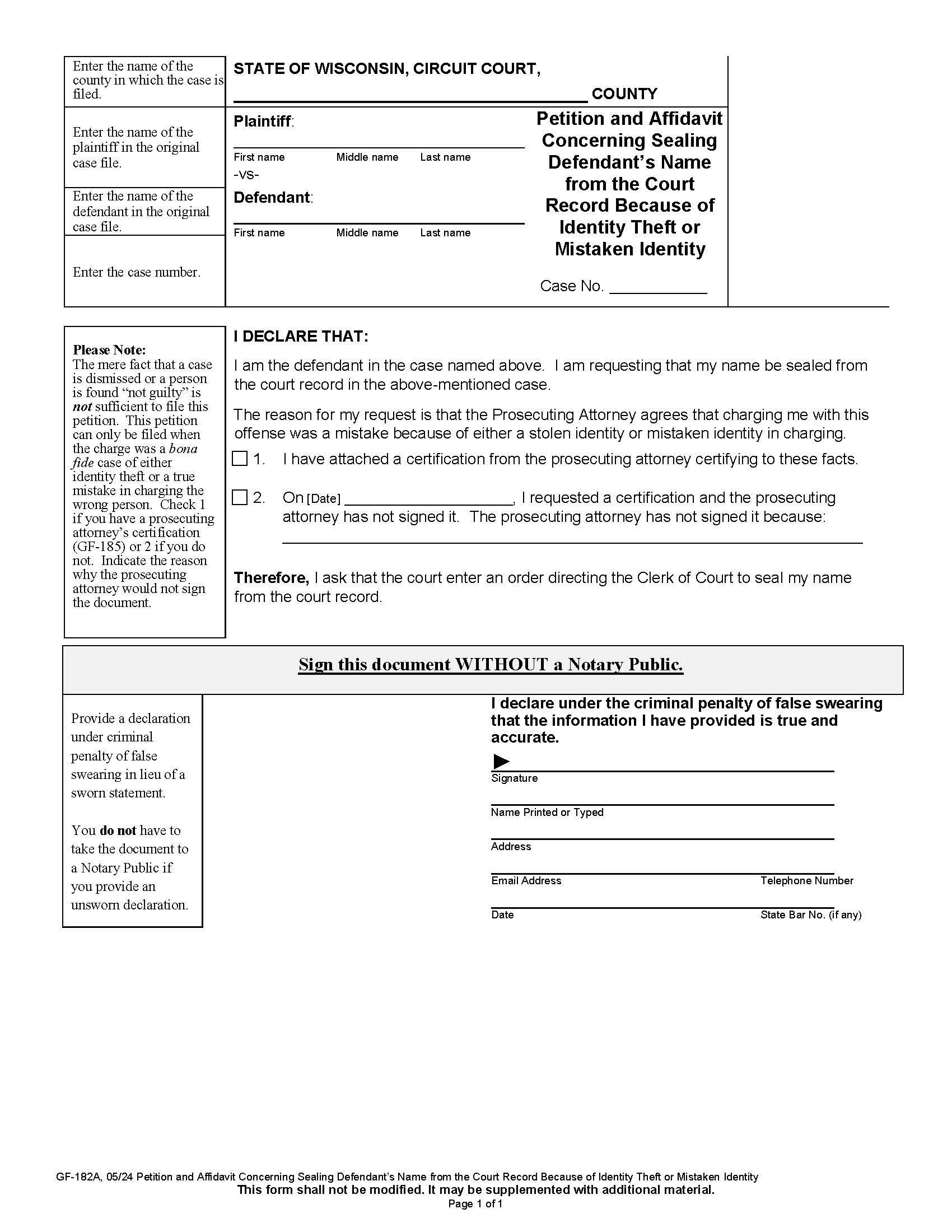 Petition And Affidavit Sealing Defendant Name {GF-182A} | Pdf Fpdf Docx | Wisconsin
