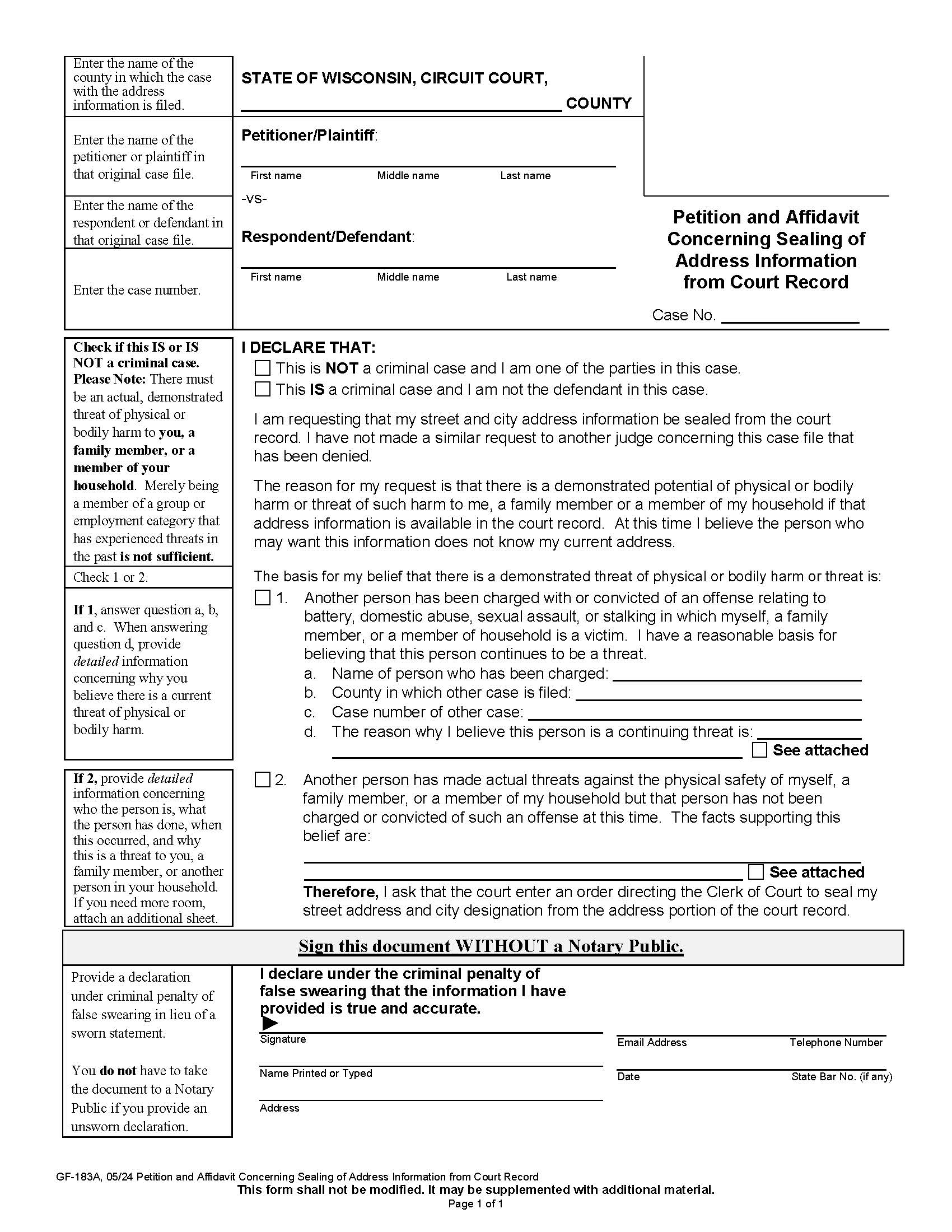 Petition Concerning Removal Of Address Info {GF-183A} | Pdf Fpdf Docx | Wisconsin