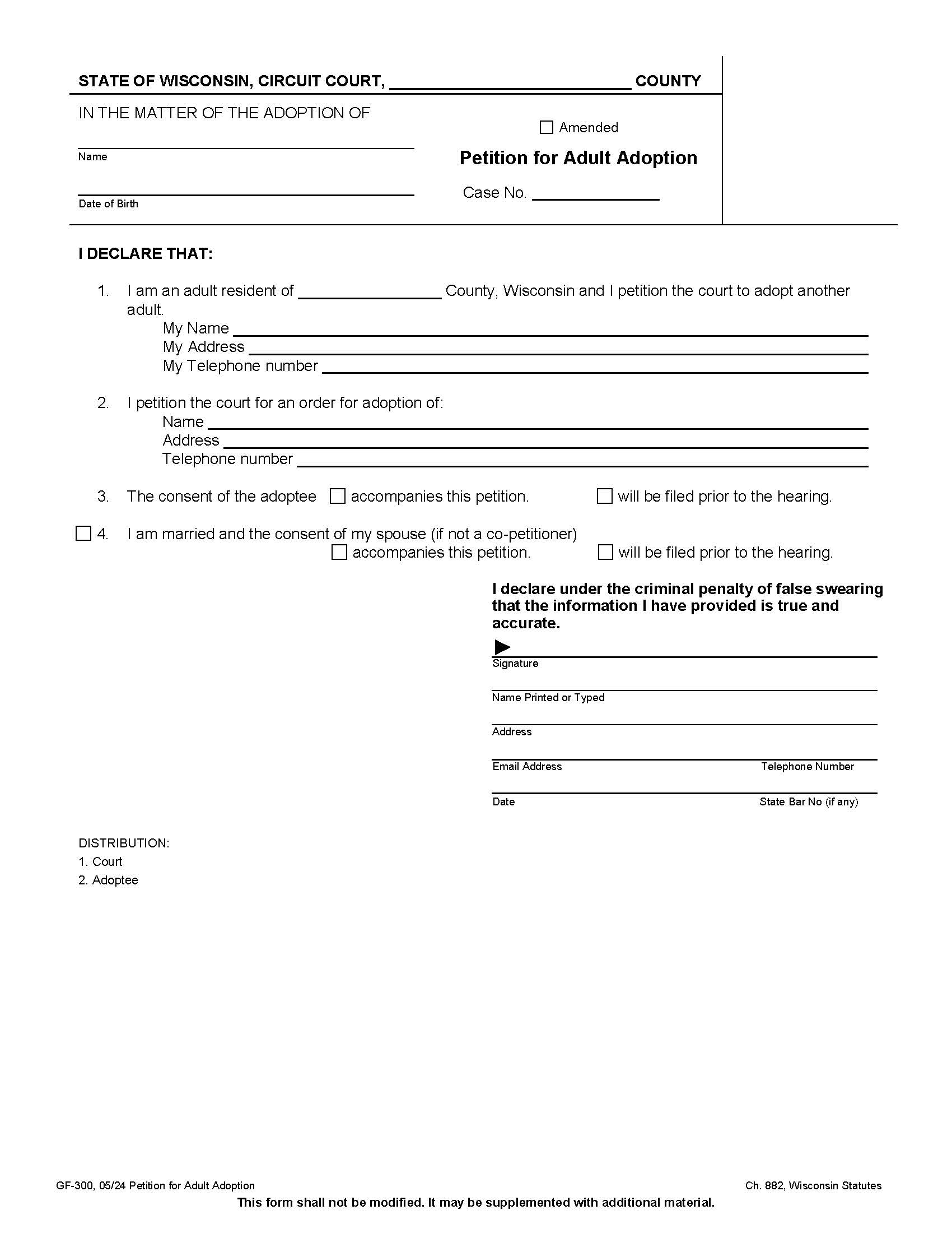Petition For Adult Adoption {GF-300} | Pdf Fpdf Docx | Wisconsin