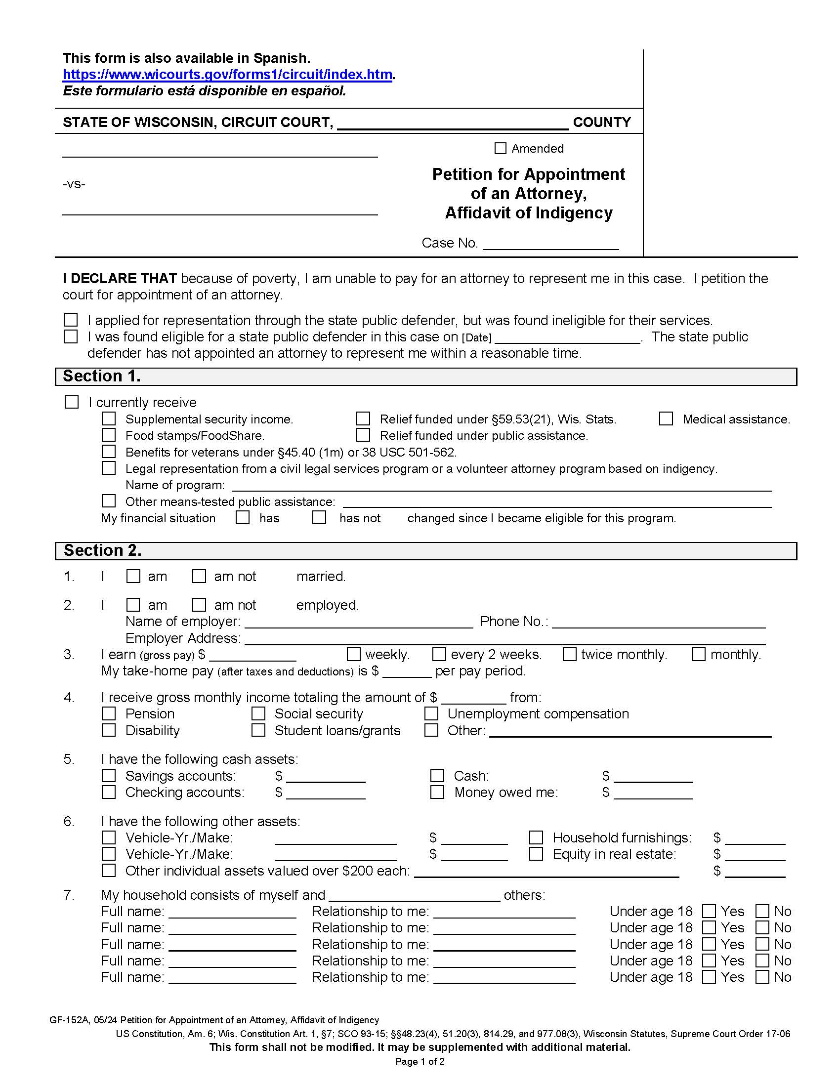 Petition For Appointment Of An Attorney, Affidavit Of Indigency {GF-152A} | Pdf Fpdf Docx | Wisconsin