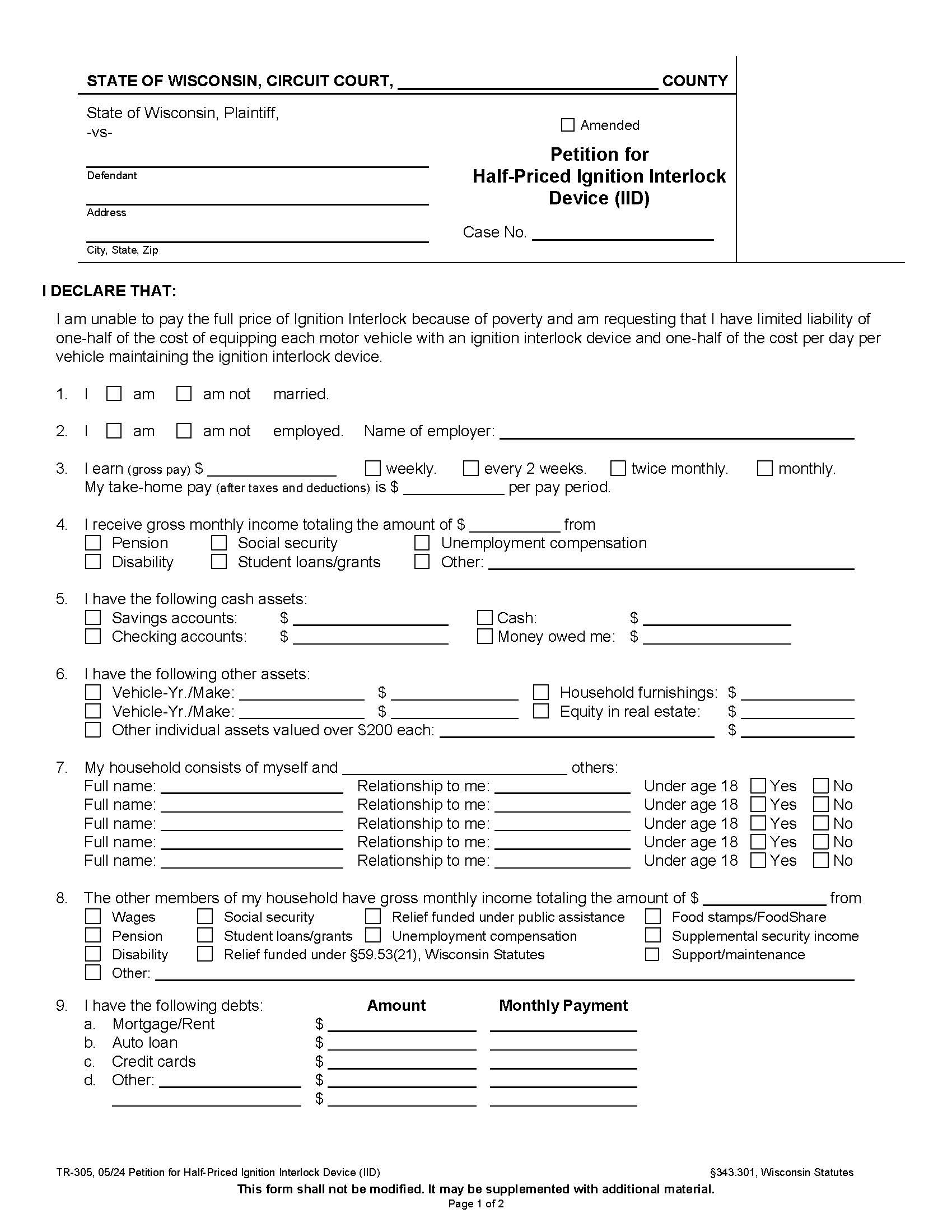 Petition For Half Priced Ignition Interlock Device {TR-305} | Pdf Fpdf Docx | Wisconsin