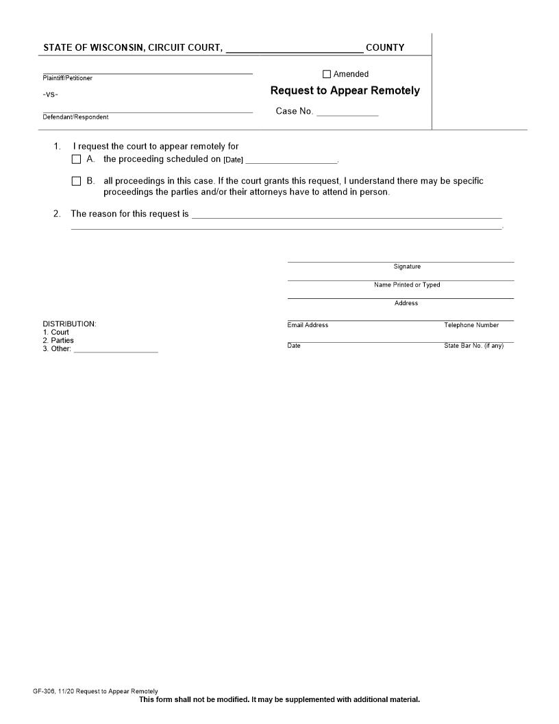 Request To Appear Remotely {GF-306} | Pdf Fpdf Docx | Wisconsin