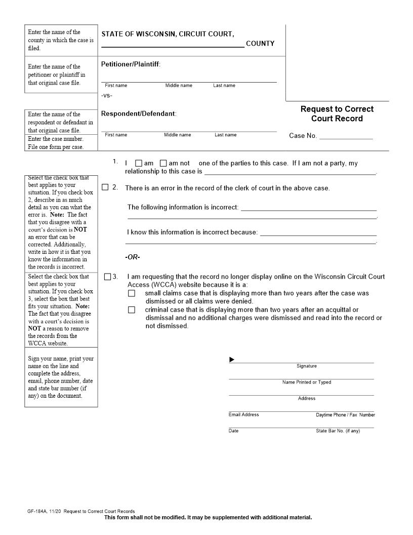 Request To Correct Error In Court Records {GF-184A} | Pdf Fpdf Docx | Wisconsin