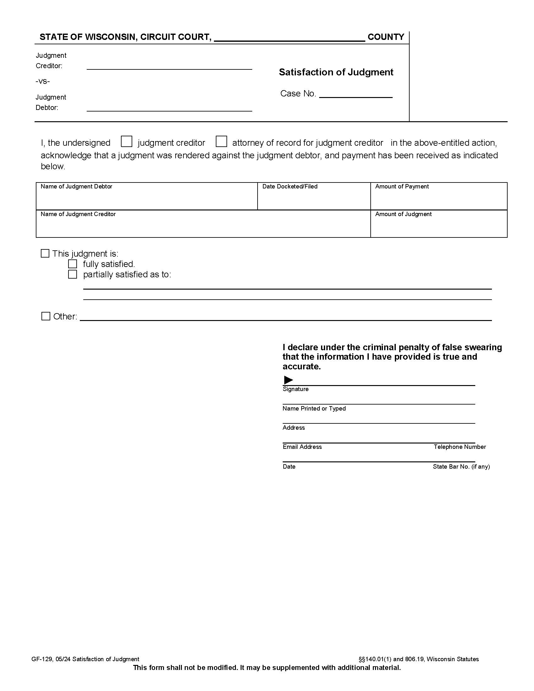 Satisfaction Of Judgment Or Partial Satisfaction {GF-129} | Pdf Fpdf Docx | Wisconsin