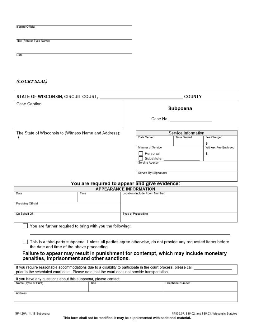 Subpoena {GF-126A} | Pdf Fpdf Docx | Wisconsin