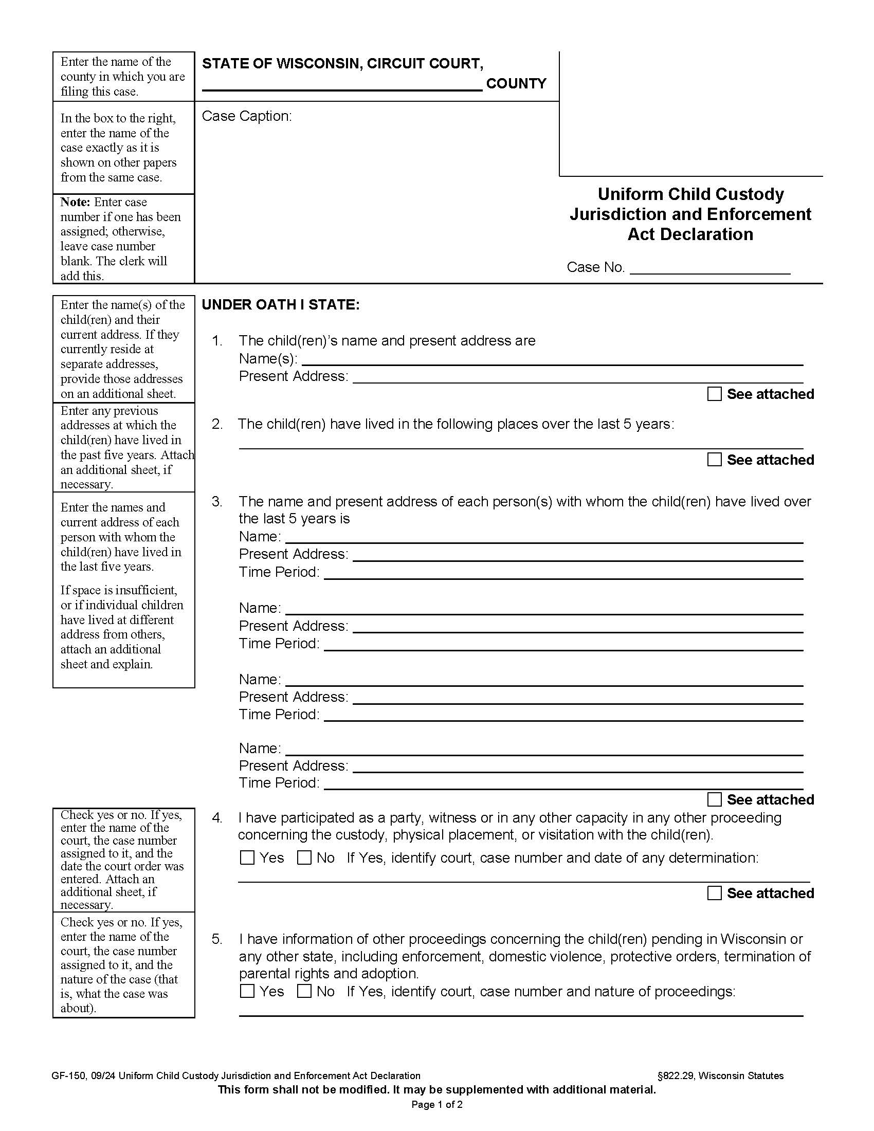 Uniform Child Custody Jurisdiction And Enforcement Act Affidavit {GF-150} | Pdf Fpdf Docx | Wisconsin