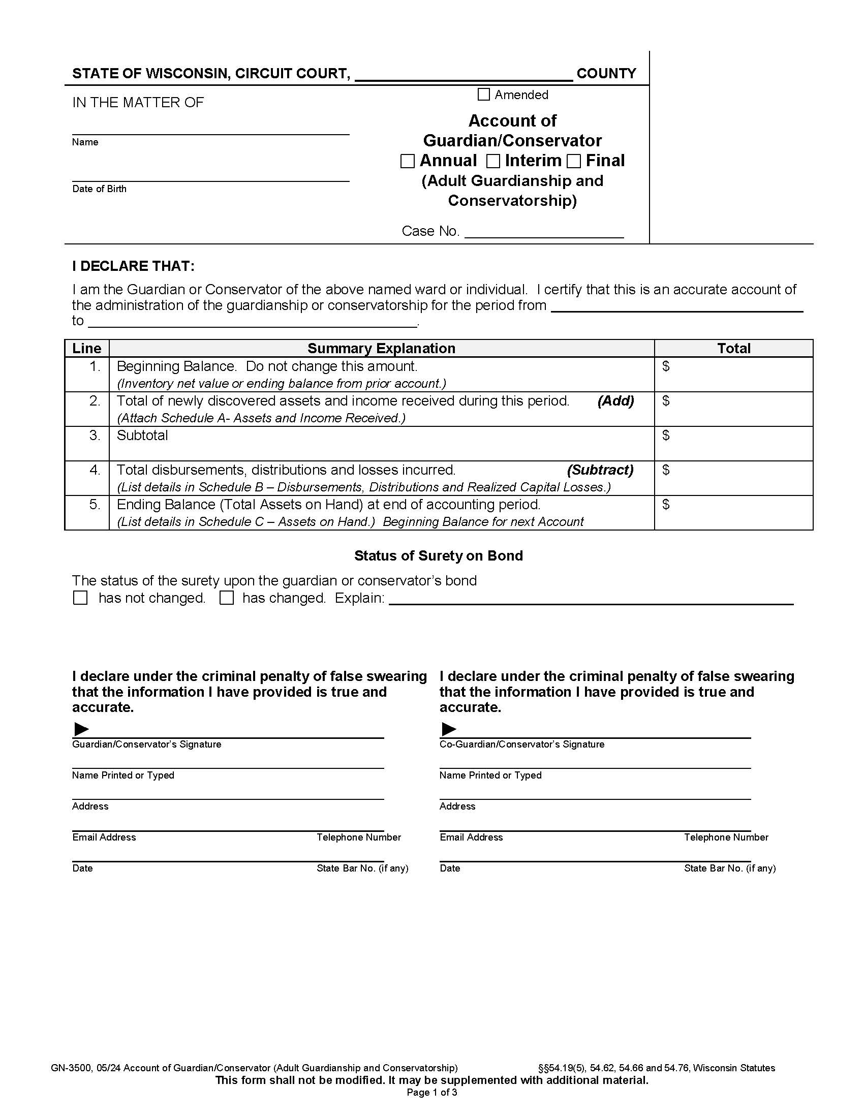 Account Of Guardian Or Conservator {GN-3500} | Pdf Fpdf Docx | Wisconsin