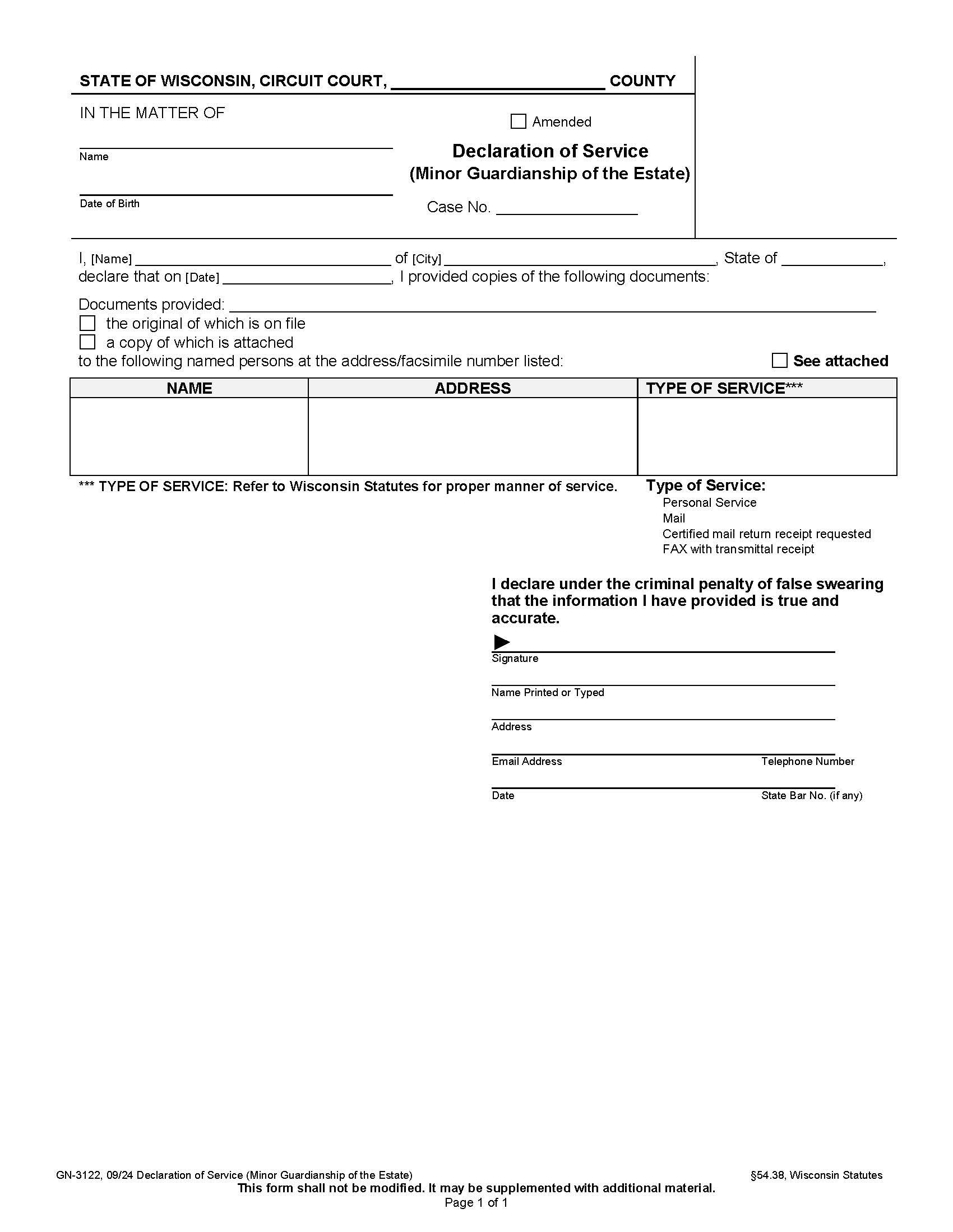 Affidavit Of Service {GN-3122} | Pdf Fpdf Docx | Wisconsin