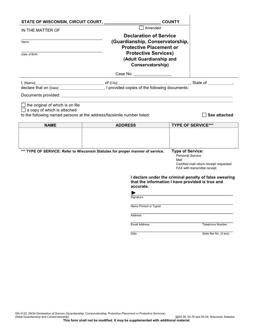 Affidavit Of Service (Guardianship, Conservatorship, Protective Placement Or Protective Services) {GN-3120} | Pdf Fpdf Docx | Wisconsin