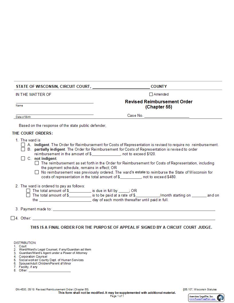 Amended Reimbursement Order {GN-4530} | Pdf Fpdf Docx | Wisconsin