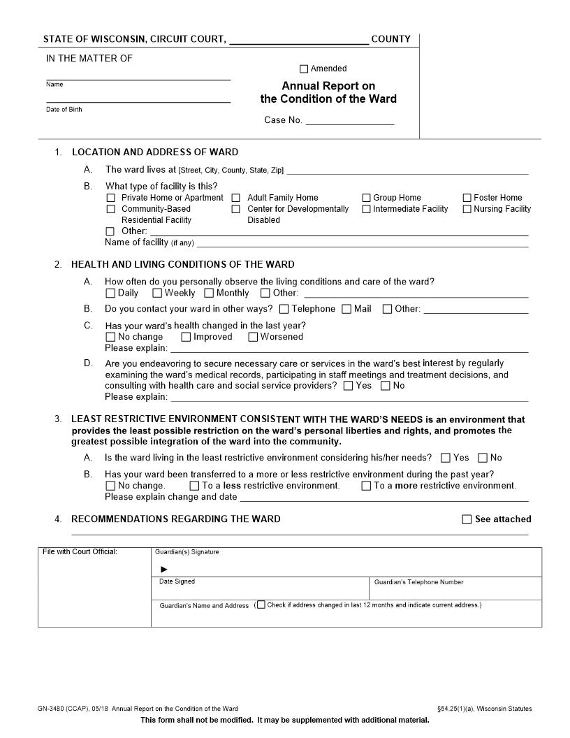 Annual Report On The Condition Of The Ward {GN-3480} | Pdf Fpdf Docx | Wisconsin