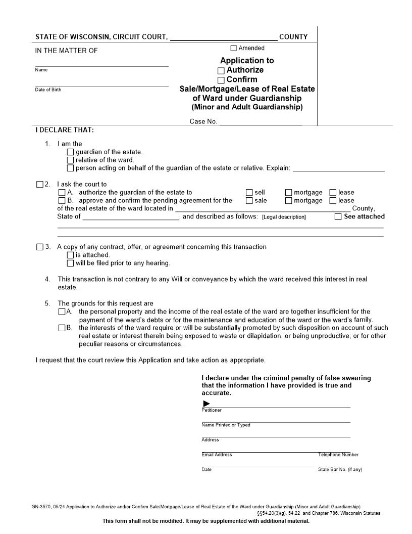 Application To Authorize Or Confirm Sale Of Real Estate {GN-3570} | Pdf Fpdf Docx | Wisconsin