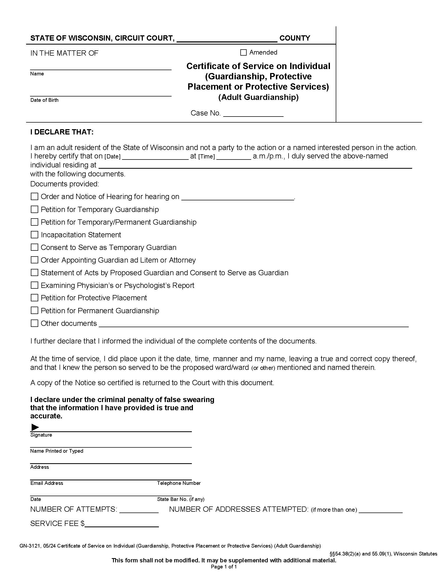 Certificate Of Service {GN-3121} | Pdf Fpdf Docx | Wisconsin