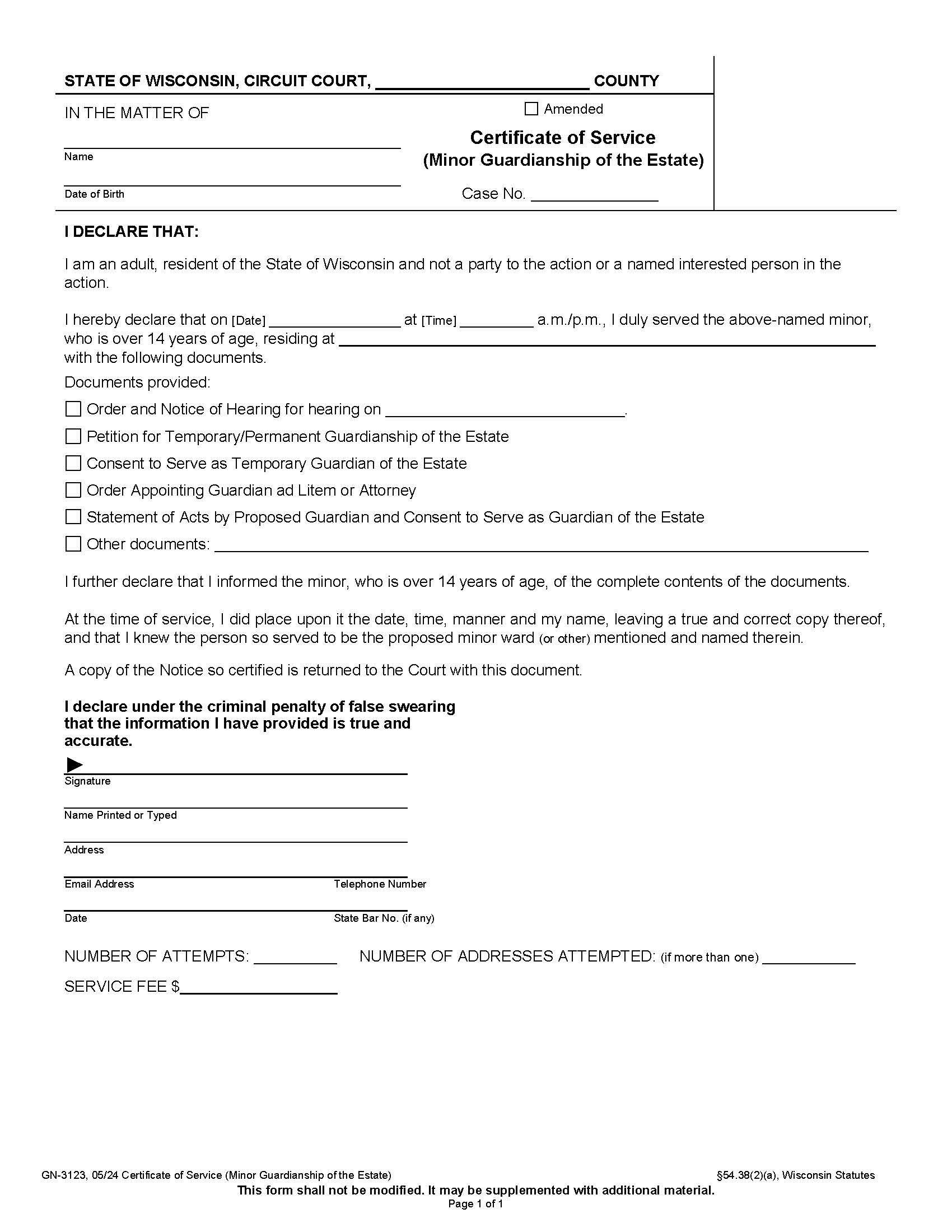 Certificate Of Service {GN-3123} | Pdf Fpdf Docx | Wisconsin