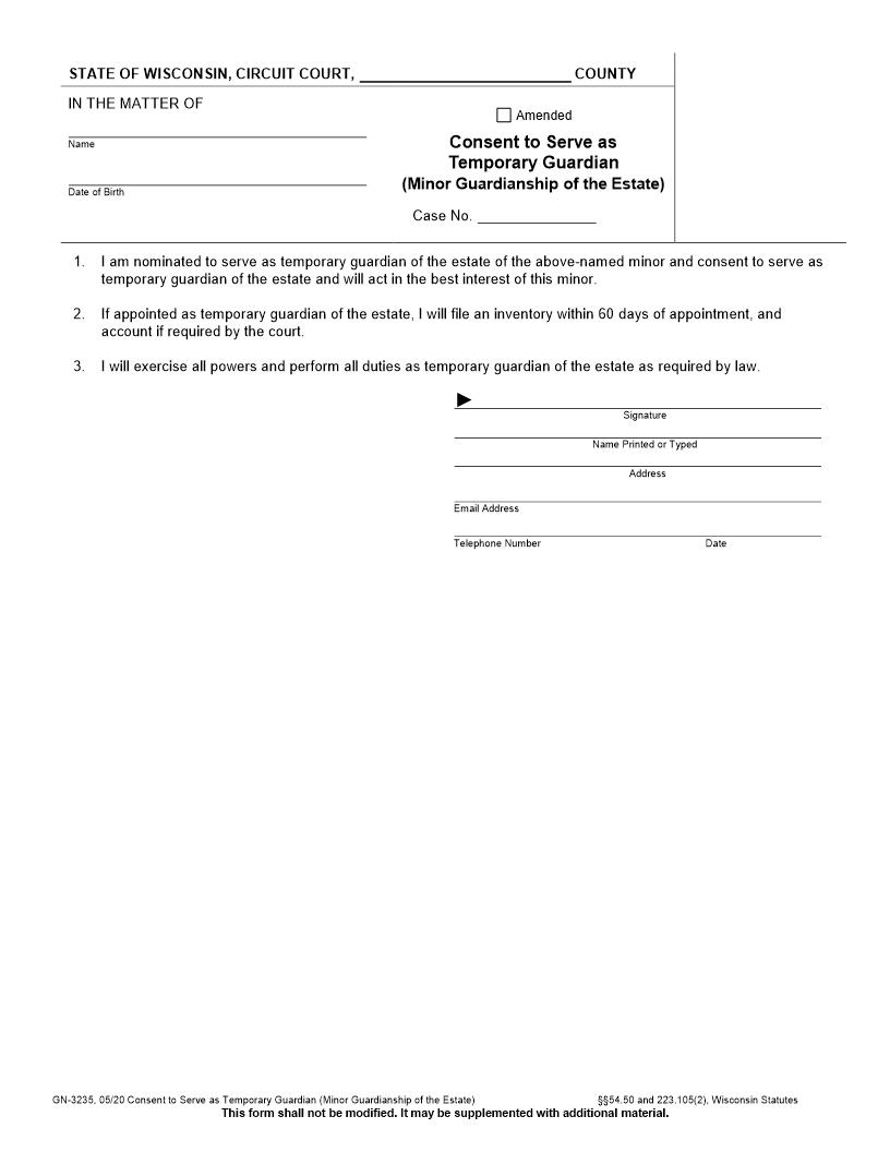 Consent To Serve As Temporary Guardian {GN-3235} | Pdf Fpdf Docx | Wisconsin