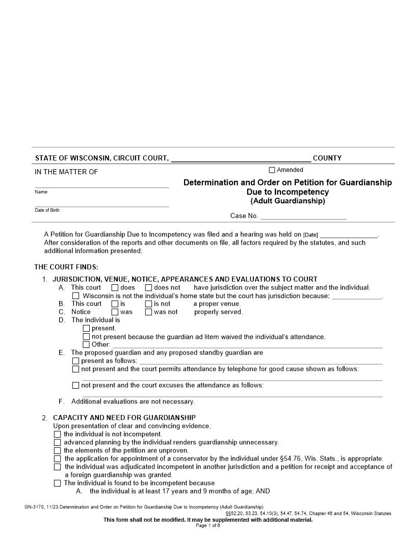 Determination And Order On Petition For Guardianship Due To Incompetency {GN-3170} | Pdf Fpdf Docx | Wisconsin