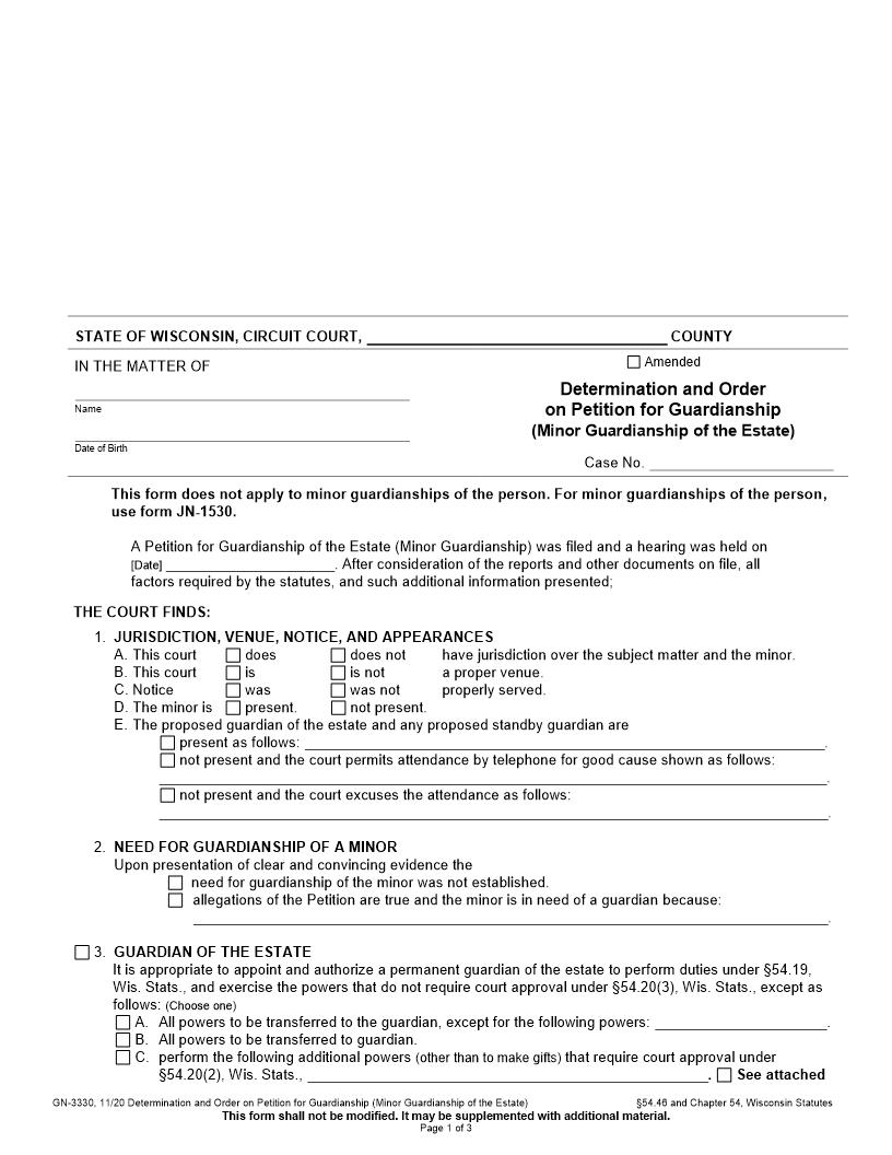 Determination And Order On Petition For Guardianship Of Minor {GN-3330} | Pdf Fpdf Docx | Wisconsin