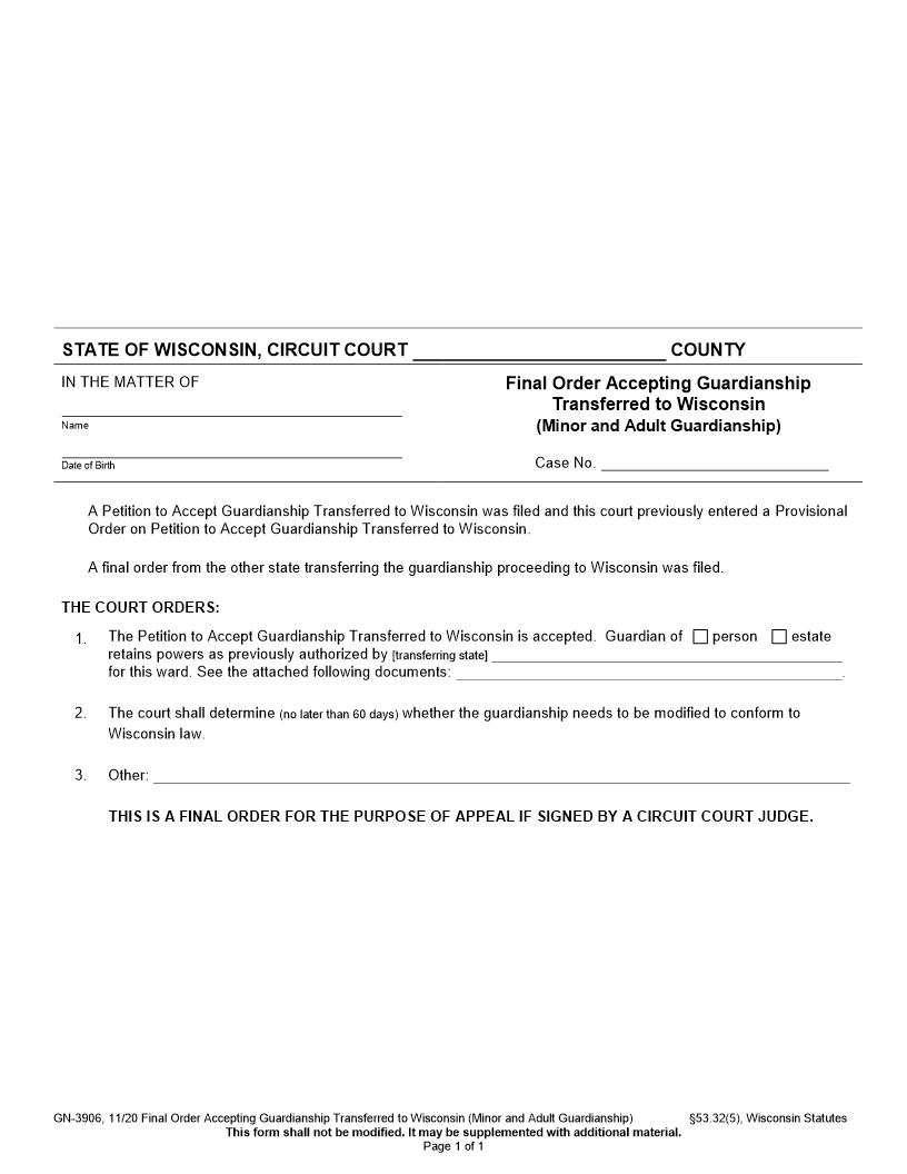 Final Order Accepting Guardianship Transferred To WI {GN-3906} | Pdf Fpdf Docx | Wisconsin