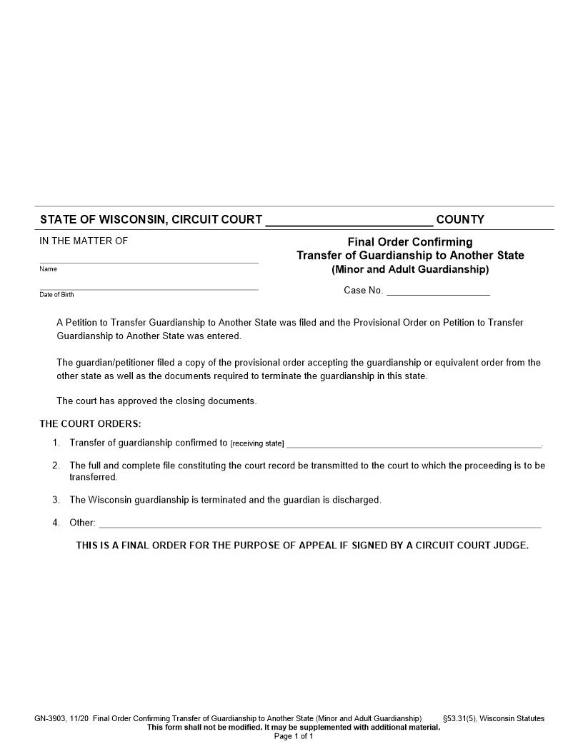 Final Order Confirming Transfer To Another State {GN-3903} | Pdf Fpdf Docx | Wisconsin