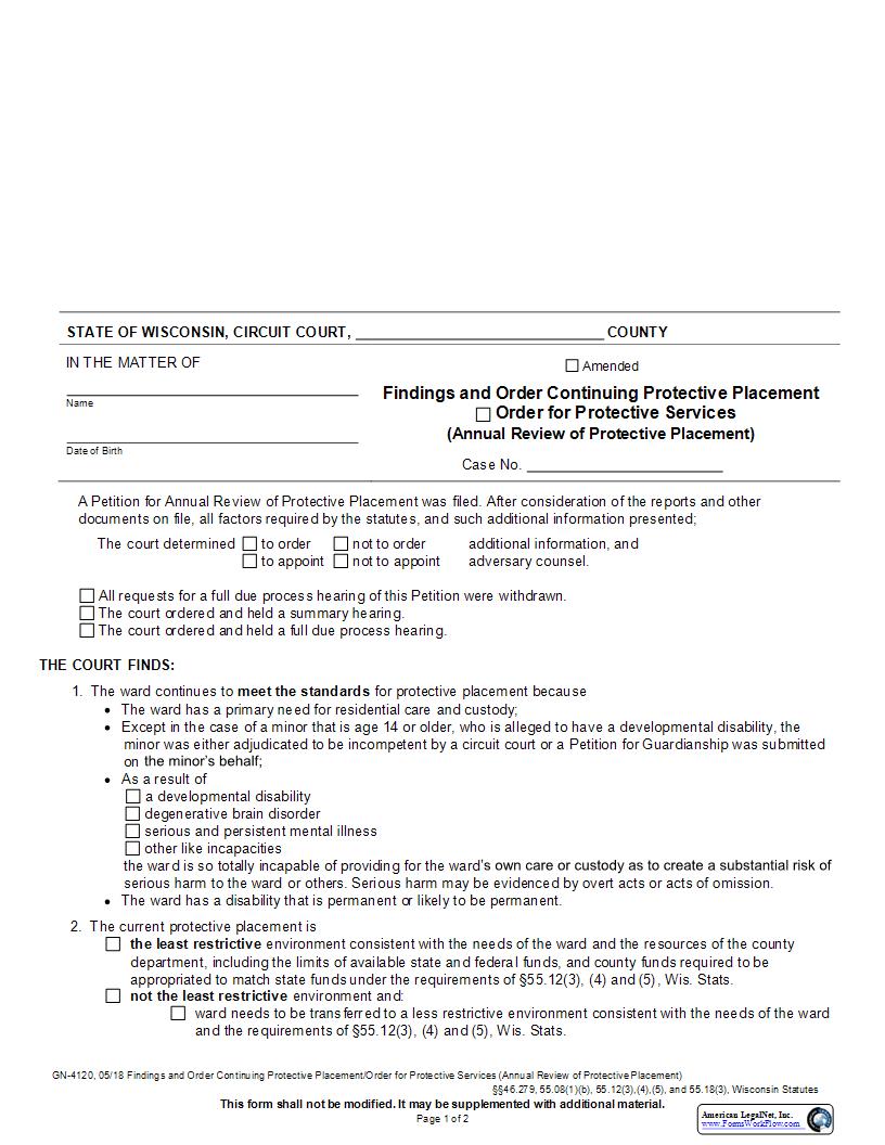 Findings And Order Continuing Protective Placement {GN-4120} | Pdf Fpdf Docx | Wisconsin