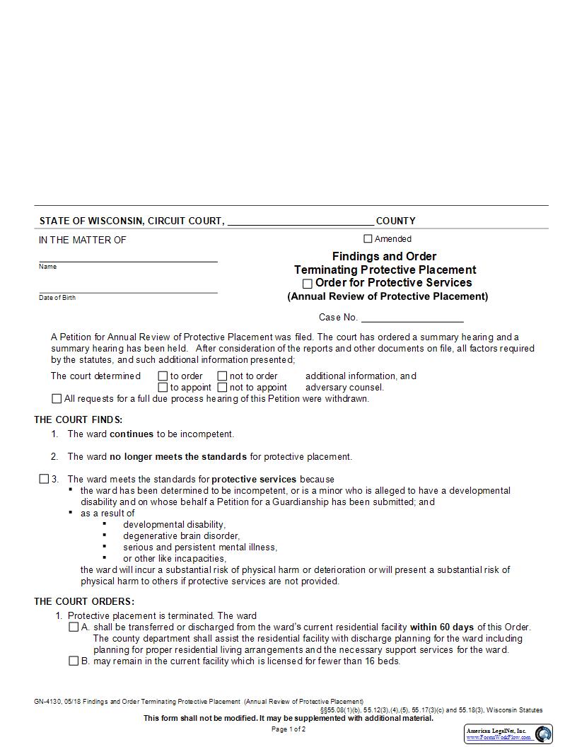 Findings And Order Terminating Protective Placement {GN-4130} | Pdf Fpdf Docx | Wisconsin