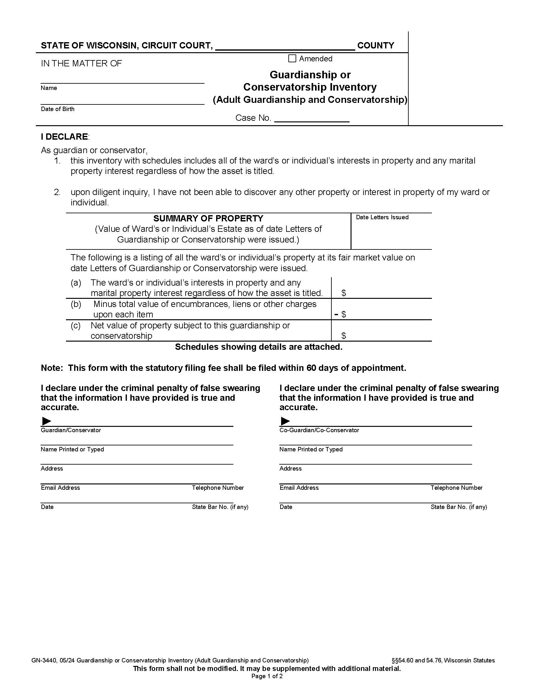Guardianship Or Conservatorship Inventory {GN-3440} | Pdf Fpdf Docx | Wisconsin