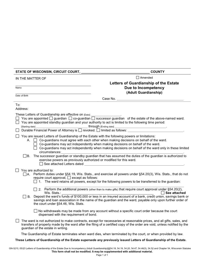 Letters Of Guardianship Of The Estate (Due To Incompetency) {GN-3210} | Pdf Fpdf Docx | Wisconsin