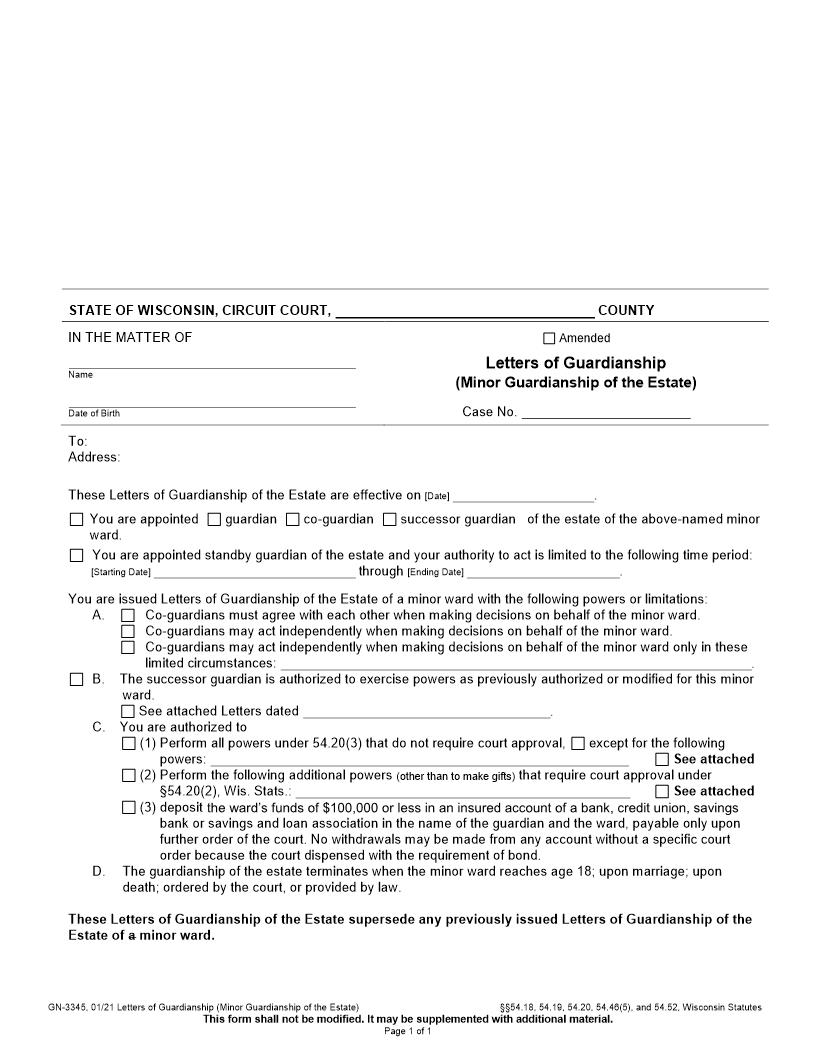Letters Of Guardianship Of The Estate Of Minor {GN-3345} | Pdf Fpdf Doc Docx | Wisconsin