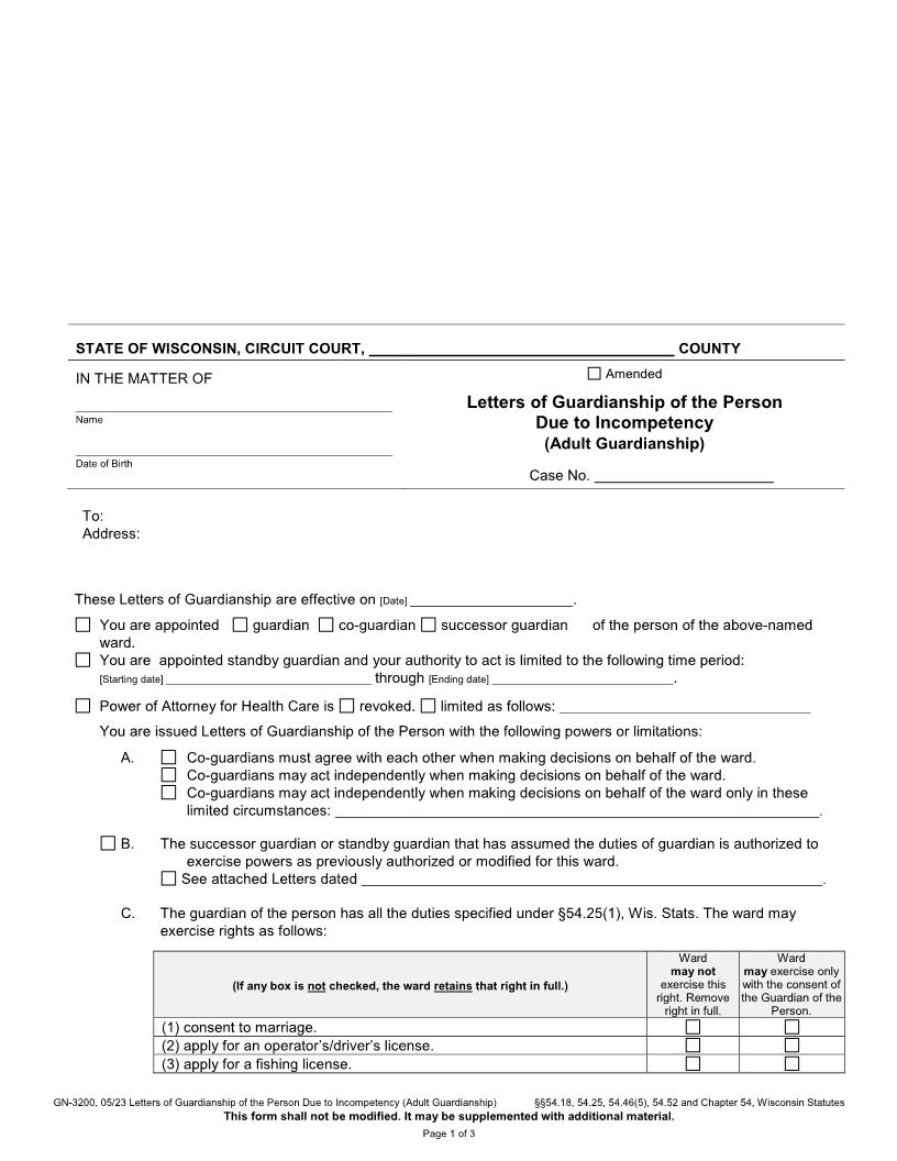 Letters Of Guardianship Of The Person (Due To Incompetency) {GN-3200} | Pdf Fpdf Docx | Wisconsin