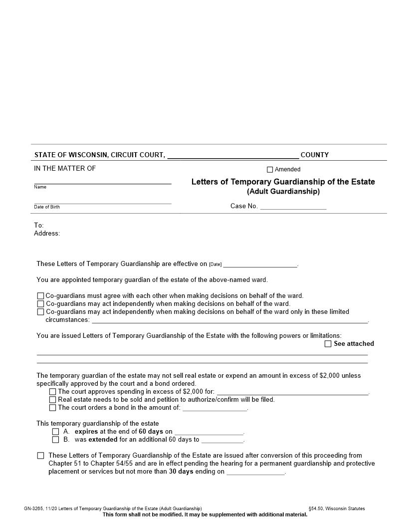 Letters Of Temporary Guardianship Of The Estate {GN-3265} | Pdf Fpdf Docx | Wisconsin