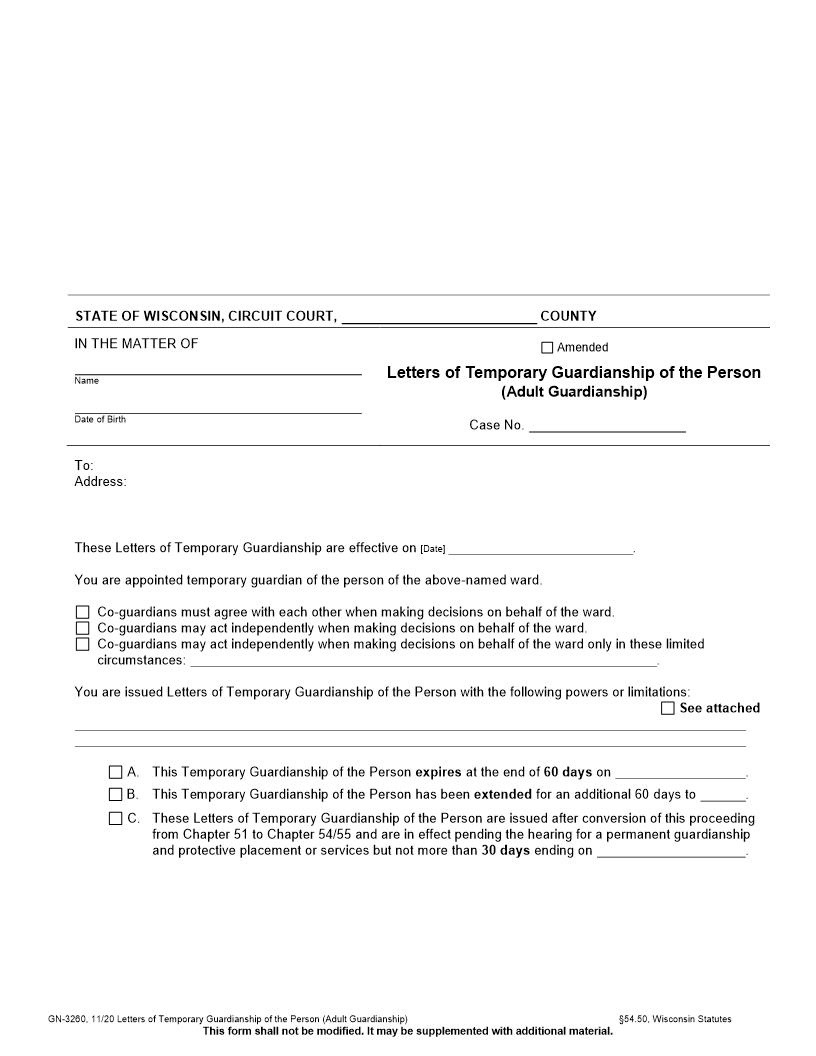 Letters Of Temporary Guardianship Of The Person {GN-3260} | Pdf Fpdf Docx | Wisconsin