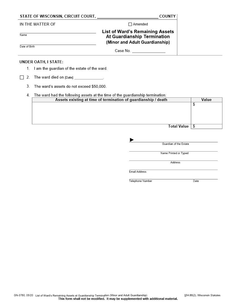 List of Wards Remaining Assets At Guardianship Termination {GN-3760} | Pdf Fpdf Docx | Wisconsin