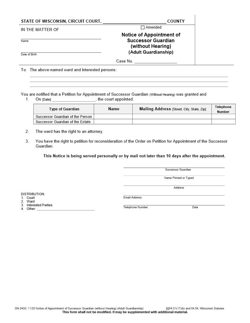 Notice Of Appointment Of Successor Guardian (Without Hearing) {GN-3430} | Pdf Fpdf Docx | Wisconsin