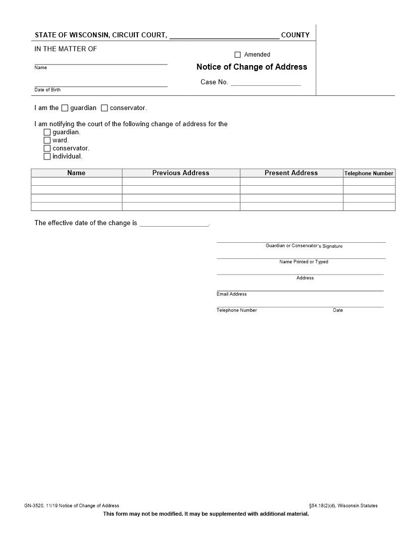 Notice Of Change Of Address {GN-3520} | Pdf Fpdf Docx | Wisconsin