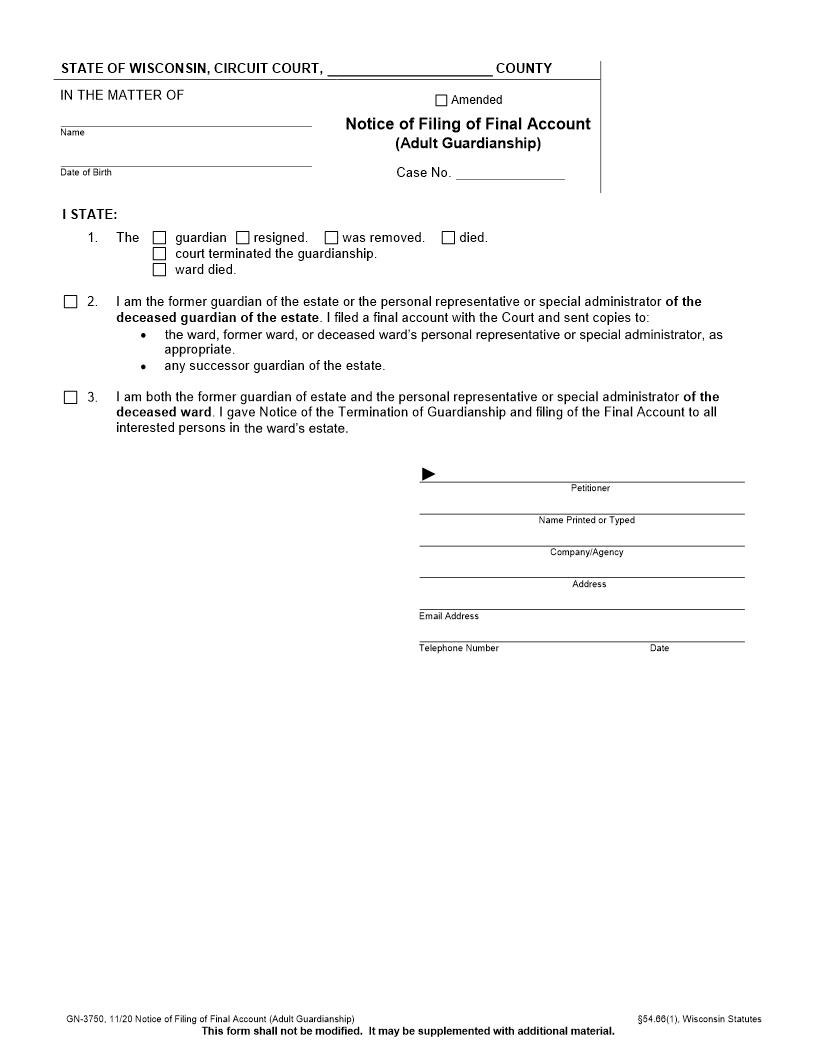 Notice Of Filing Of Final Account {GN-3750} | Pdf Fpdf Docx | Wisconsin