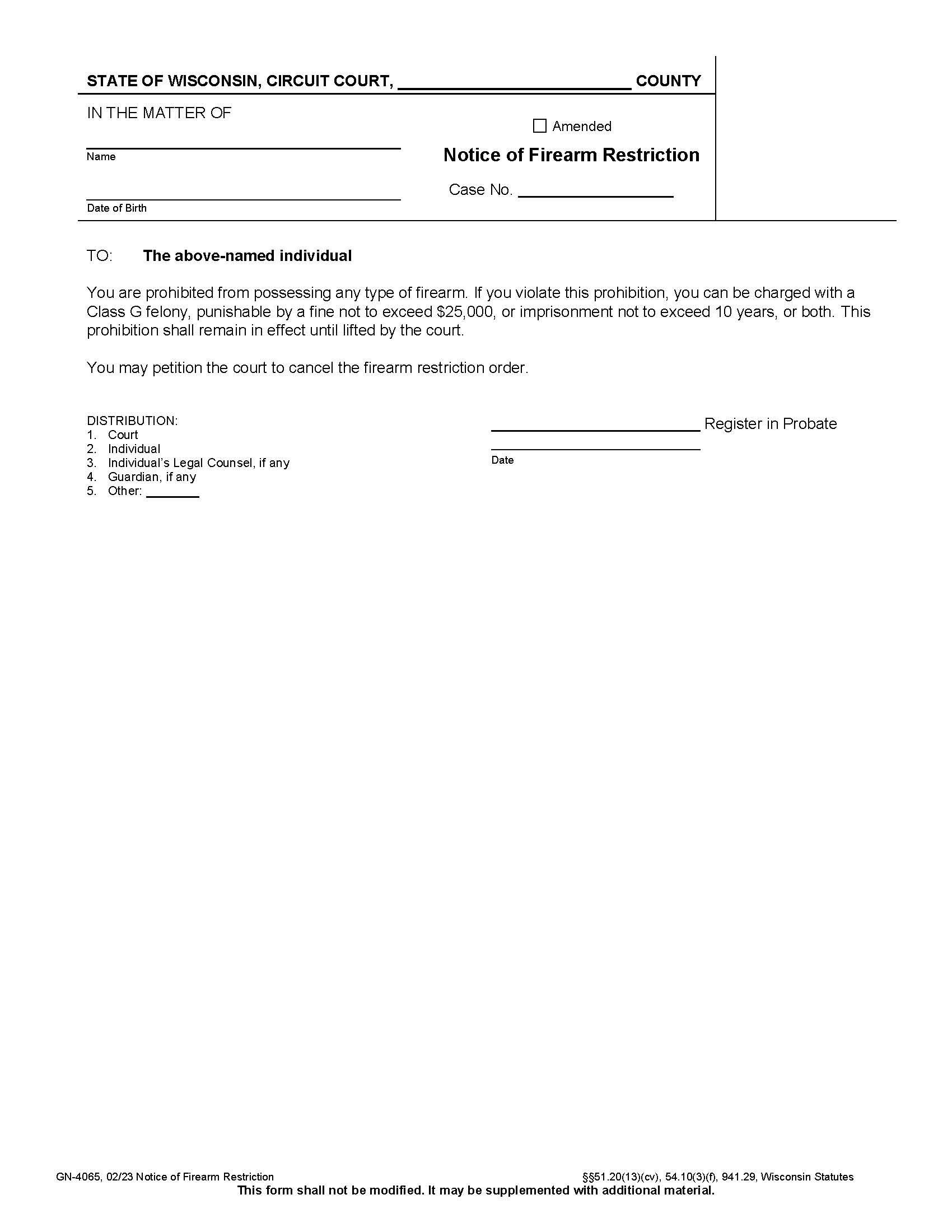 Notice Of Firearm Restriction {GN-4065} | Pdf Fpdf Docx | Wisconsin