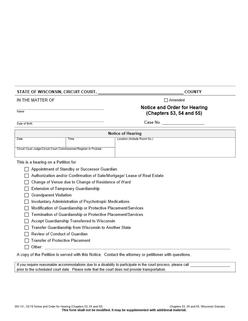Notice Of Hearing - Guardianship {GN-101} | Pdf Fpdf Docx | Wisconsin