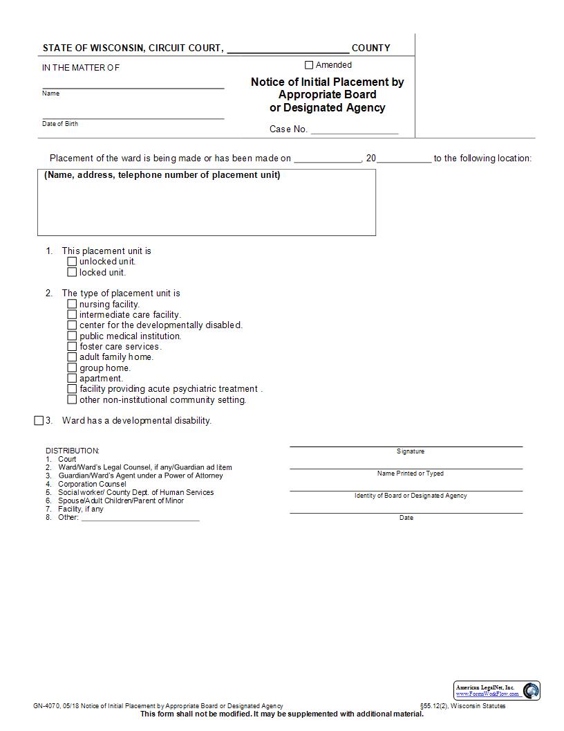 Notice Of Initial Placement By Appropriate Board Or Designated Agency {GN-4070} | Pdf Fpdf Docx | Wisconsin