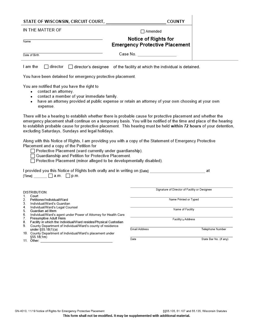 Notice Of Rights On Emergency Protective Placement {GN-4010} | Pdf Fpdf Docx | Wisconsin