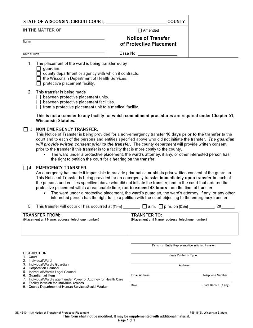 Notice Of Transfer Of Protective Placement {GN-4340} | Pdf Fpdf Docx | Wisconsin