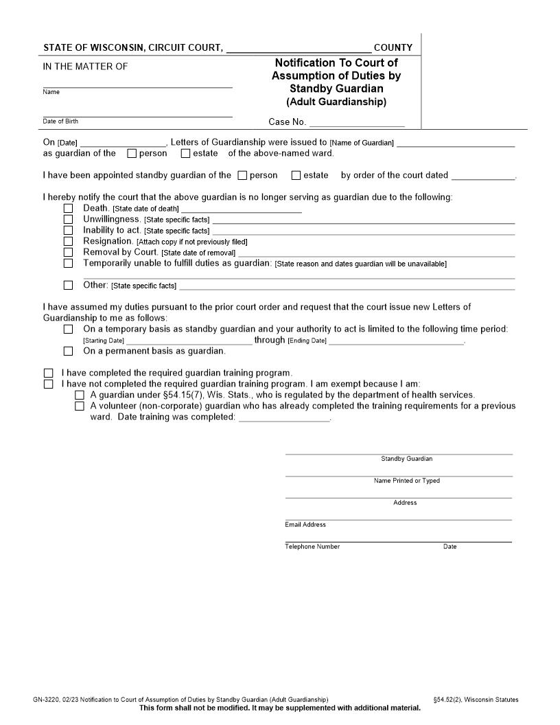 Notification To Court Of Assumption Of Duties {GN-3220} | Pdf Fpdf Docx | Wisconsin
