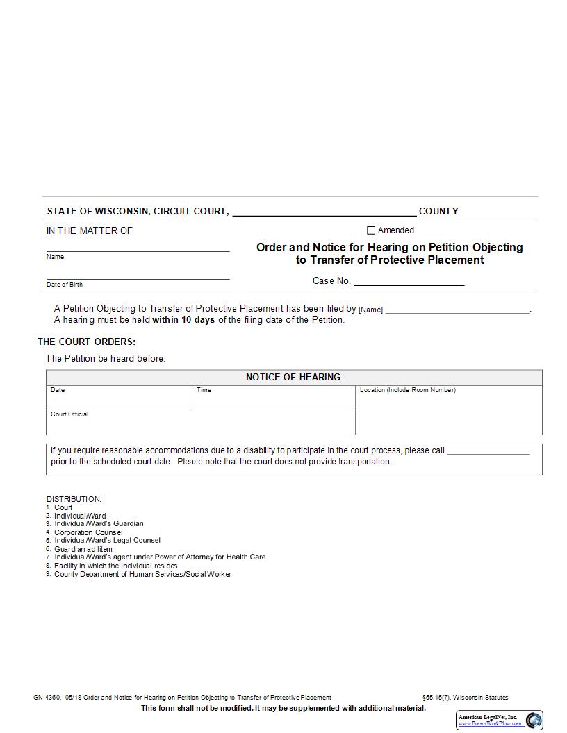 Order And Notice For Hearing On Petition Objecting To Transfer Of Protective Placement {GN-4360} | Pdf Fpdf Docx | Wisconsin