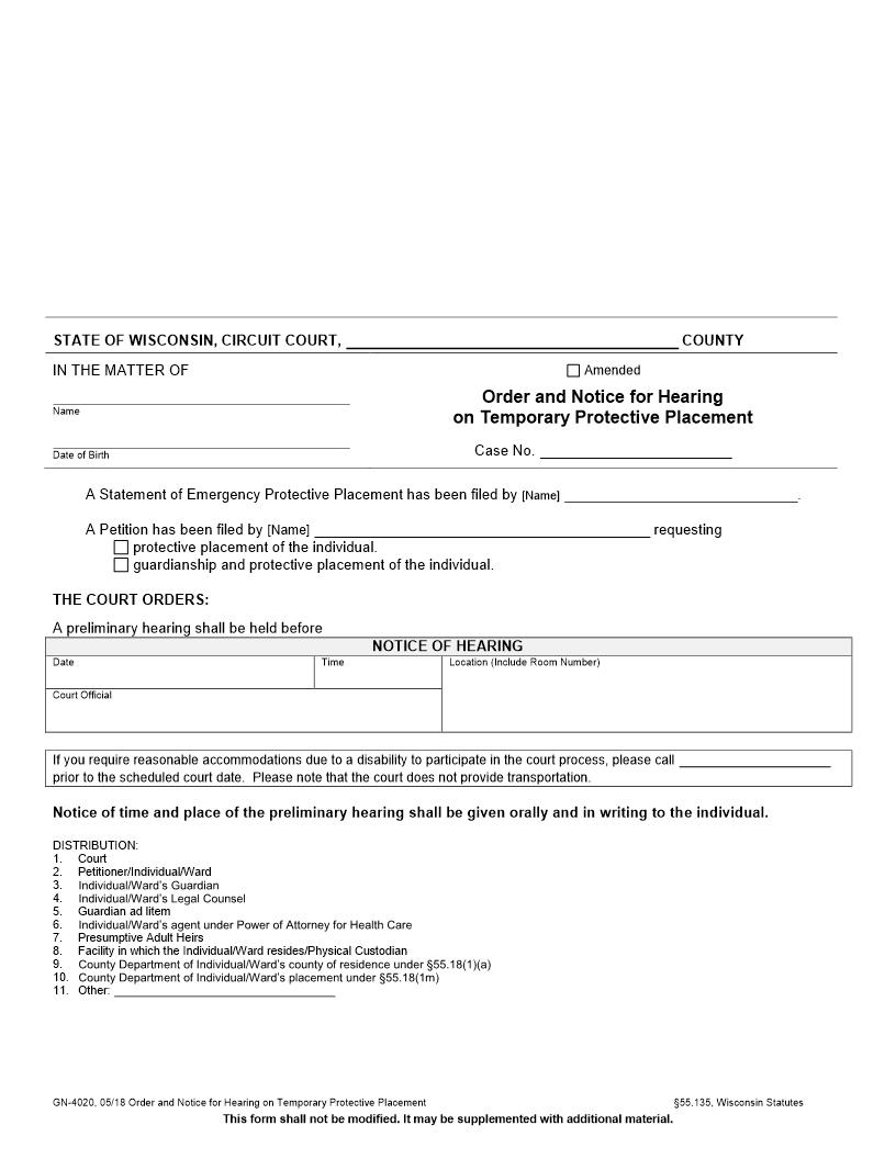 Order And Notice For Hearing On Temporary Protective Placement {GN-4020} | Pdf Fpdf Docx | Wisconsin
