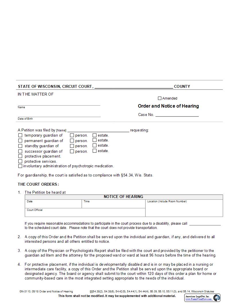 Order And Notice Of Hearing {GN-3110} | Pdf Fpdf Docx | Wisconsin