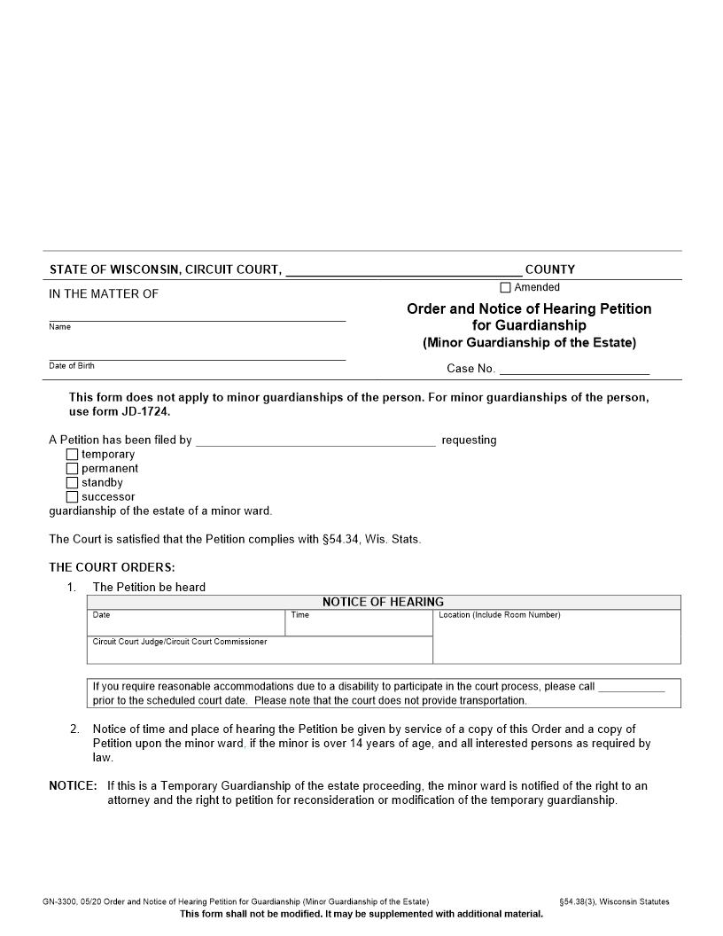 Order And Notice Of Hearing Petition For Guardianship Of Minor {GN-3300} | Pdf Fpdf Docx | Wisconsin