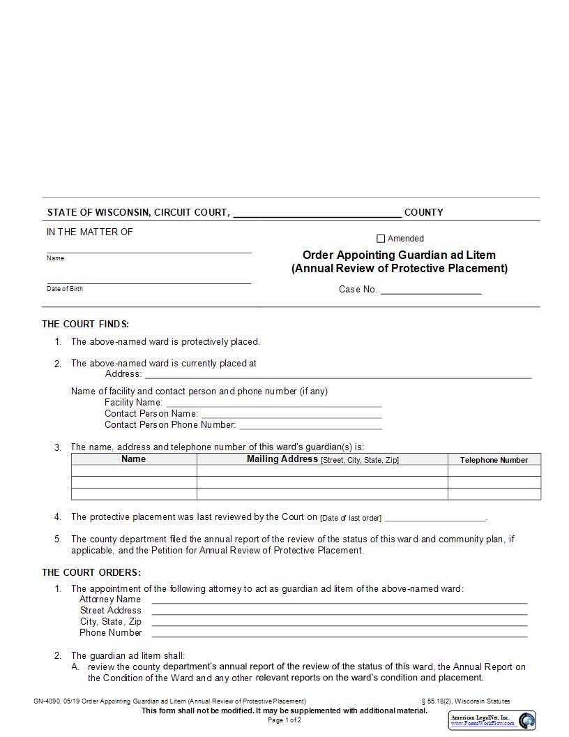 Order Appointing Guardian Ad Litem (Annual Review Of Protective Placement) {GN-4090} | Pdf Fpdf Docx | Wisconsin