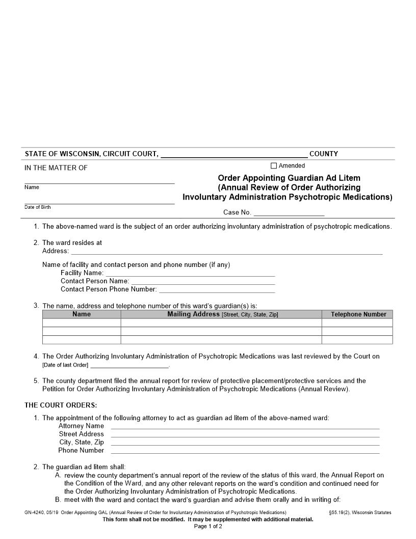Order Appointing Guardian Ad Litem Medication Review {GN-4240} | Pdf Fpdf Docx | Wisconsin
