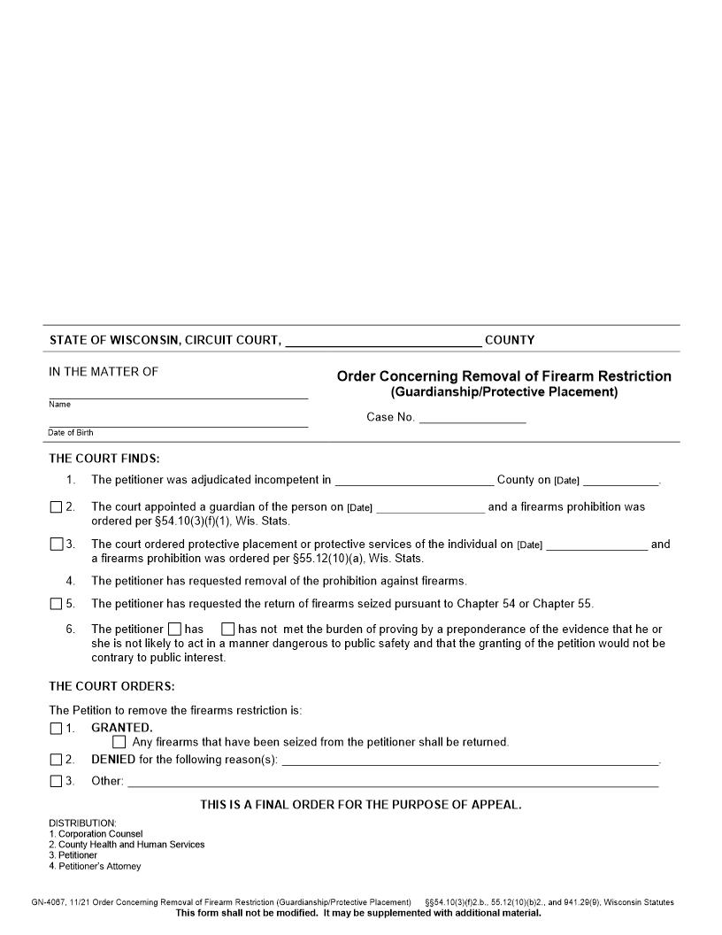 Order Concerning Removal Of Firearm Restriction {GN-4067} | Pdf Fpdf Docx | Wisconsin