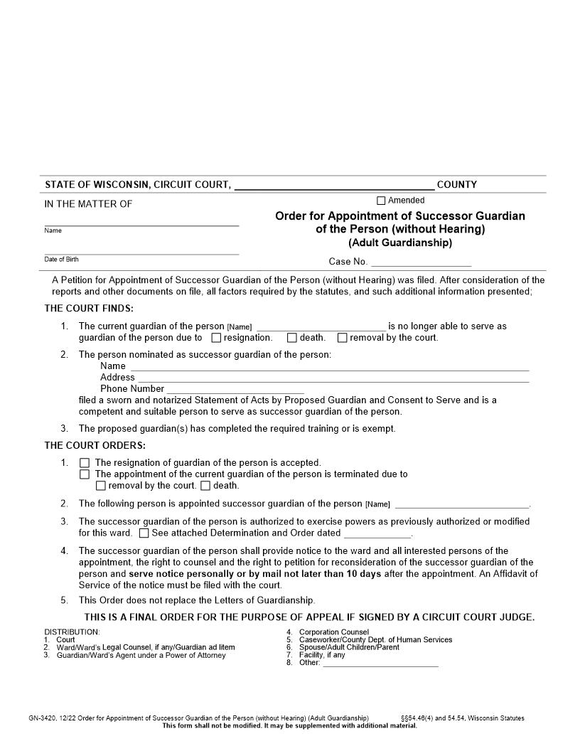 Order For Appointment Of Successor Guardian (Without Hearing) {GN-3420} | Pdf Fpdf Docx | Wisconsin